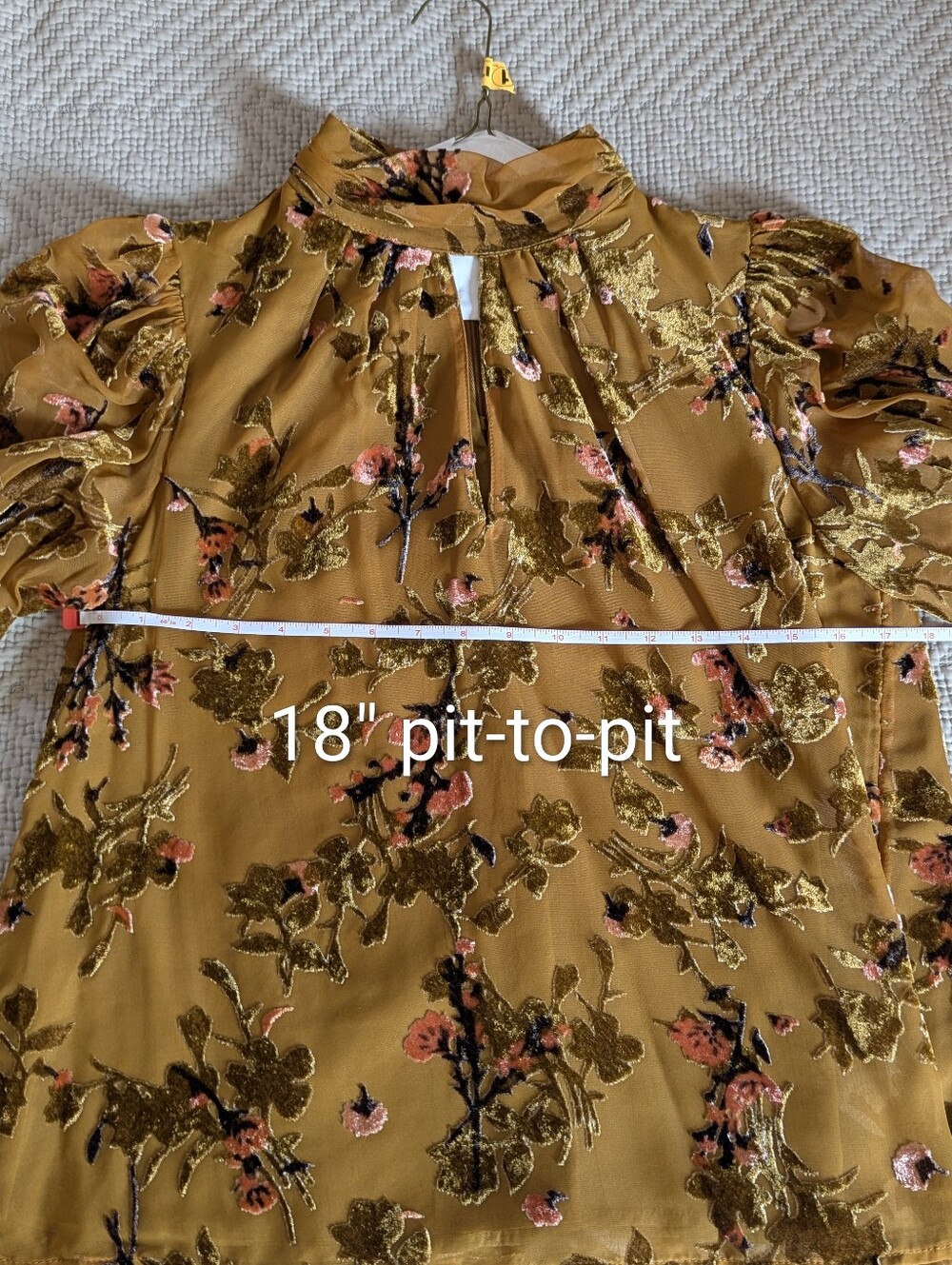 Floral Keyhole Mock Neck Blouse - Mustard - Picture 11 of 11